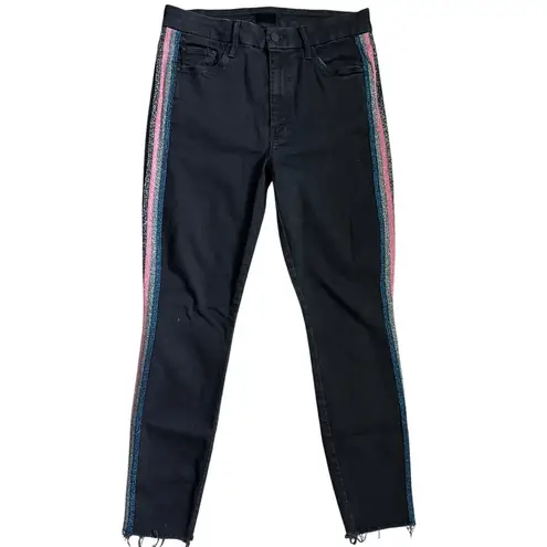 MOTHER High Waisted Looker Ankle Fray in Guilty Glitter Racer Stripe Size 29 Black
