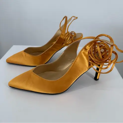 Vaila Shoes Estelle Ankle Wrap Satin Pumps size 9 in Gold Heels Pointed Toe