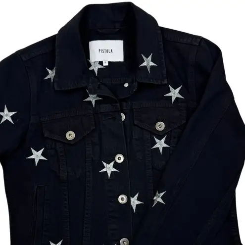 Pistola Brando Star‑Embroidered Denim Jacket S Black Raw Hem Silver Stars