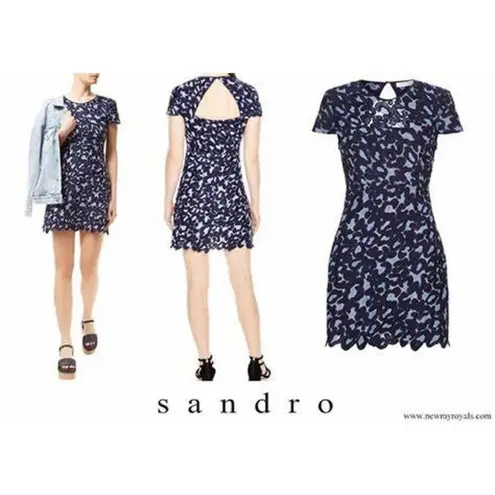 Sandro Blue Embroidered Lace Jacquard Cap Sleeve A-Line Mini Dress Size 6