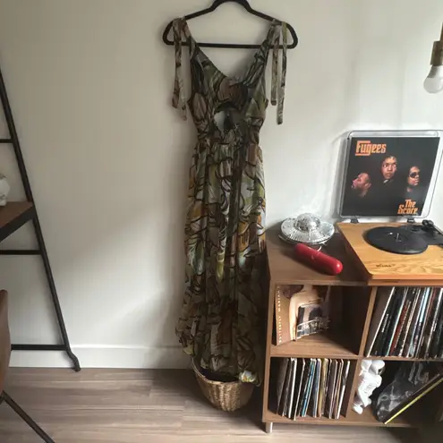 LILLY ROSE tropical leaf print maxi dress tie shoulder cutout waist Green Size M