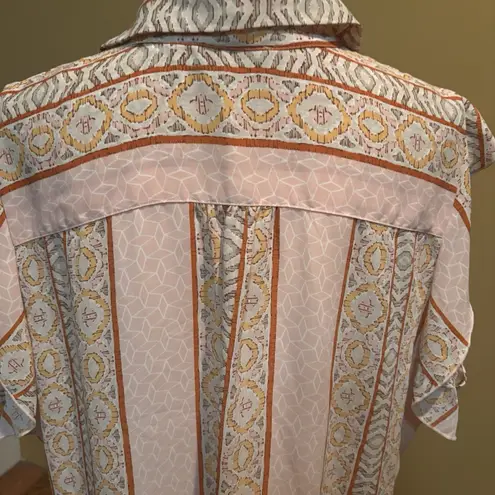 Karl Lagerfeld Paris Ruffle Sleeveless Blouse Pink Orange Print Button Front 2XL