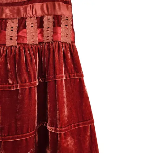 American Vintage Vintage AZ Well Red Velvet Tiered High Waisted Midi Skirt S