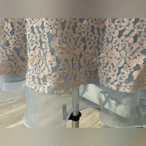 Elegant Floral Lace Dress with Sheer Hem and Flower Appliqué Details Pink Size L