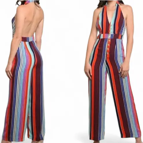 Striped Halter Style Jumpsuit Red