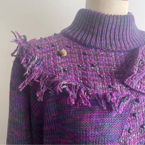 Vintage 90s Ann Wi Sweater Purple Green Embellish Boucle Bow Fringe Beads Large