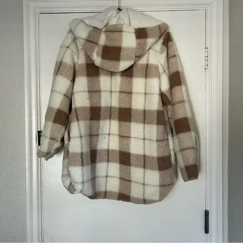 Weatherproof Beige Plaid Ivory Reversible Sherpa Hooded Cardigan S/M