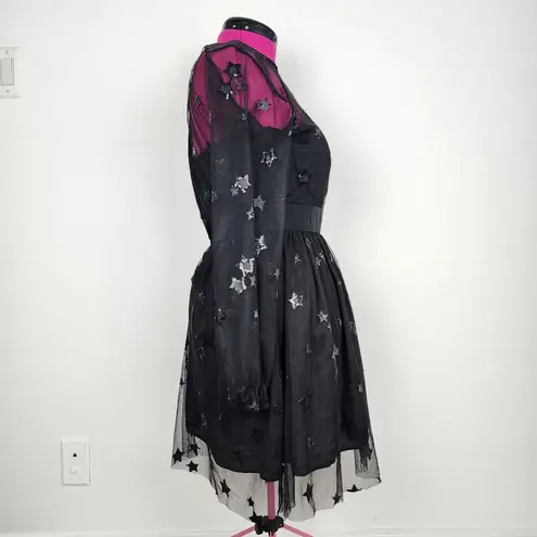 Women Sequin Star Print Black Tulle Dress Mesh See