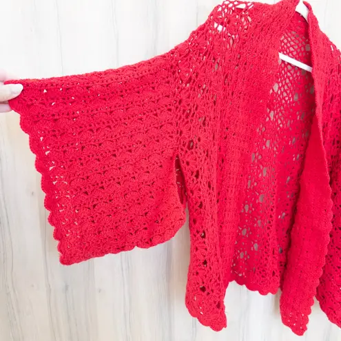 VTG Womens Crochet Cardigan Size XL Red Handmade Boho Retro Cottage Romantic