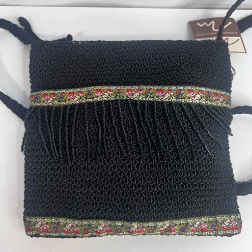 Marlo NWT Floral Embroidered Trim Beaded Fringe Crossbody Bag Square Boho Black
