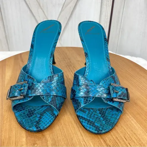 Brian Atwood  Maritima Snake Print Heeled Mule Sandals Turquoise 8.5