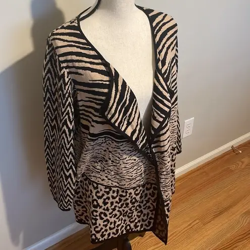 kim rogers  Animal Print Cotton Open Front Cardigan Sweater Tan Black 1X Plus