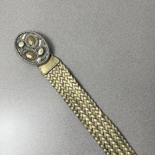 Chicos Woven Leather Belt Womens Gold Gem Buckle Embellished Bead Boho Wrap 52"