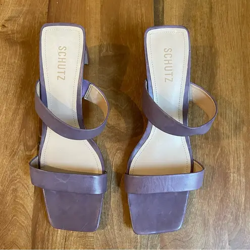 Schutz NWOB Pony Heel Sandal Purple Leather Orchid Square Toe Strappy 10