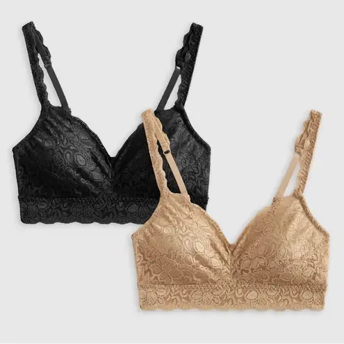 Quince NIB Women's Stretch Lace Sweetheart Bralette (2-pack) Black and Clay XL - Image 1