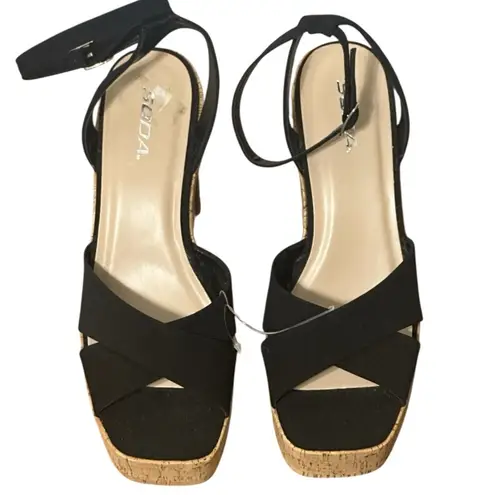 Soda Black Cross Suede Faux Leather Strap Open Toe Platform Heels NWOT