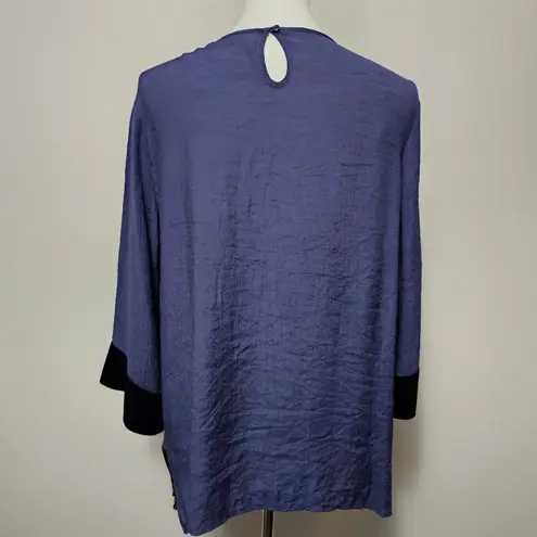 Krazy Kat Blue Textured Tunic Top Beaded Fringe Velvet Trim L