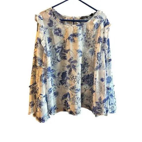 G by Guillana Women's 2XL Blue Floral Ruffle Blouse Casual Top shear Size 2X