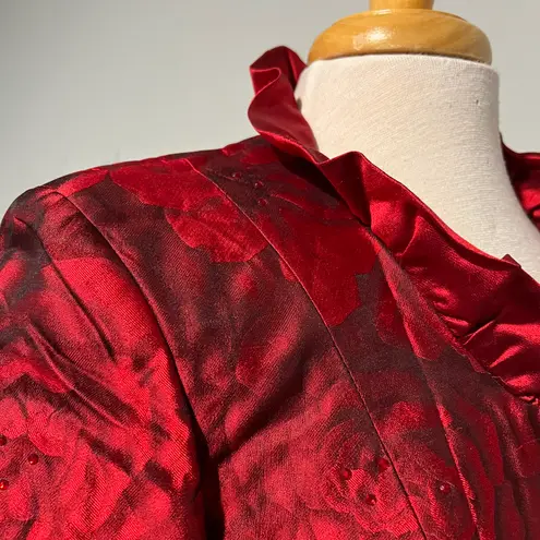 Algo Boutique Red Black Rose Floral Shiny Blazer Jacket