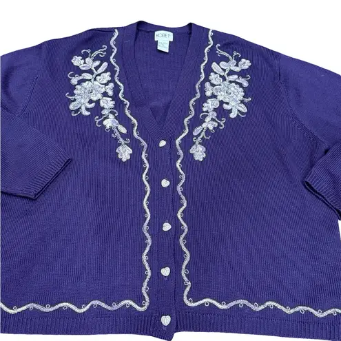 🌟 VTG 80s Koret Wool Blend Metallic Embroidered Cardigan – Women’s 3X –Purple 💜✨ Purple