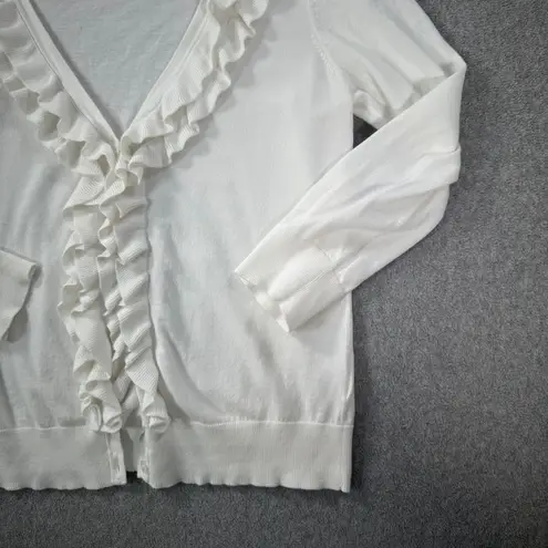 Talbots  Button Down Ruffle Knit Cardigan Sweater Size X-Small White Pima Cotton - Image 4