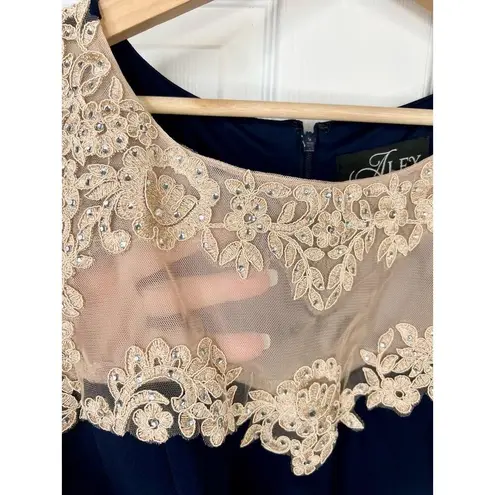 Alex Evenings Navy Blue Crepe Side Ruched Dress Sweetheart Lace Illusion Sz 10 - Image 4