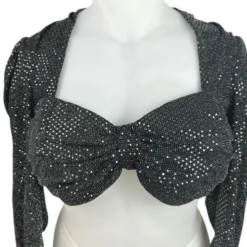 Fashion to figure Leandra Black Puff Sleeve Metallic Sequin Ruched Crop Top Sz L