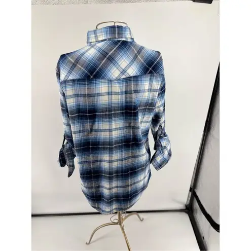Jachs Girlfriend Bea Plaid Flannel Shirt Blue pearl snaps rollup cuff Women’s M