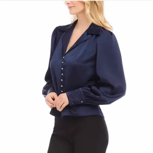 Karen Kane Shirred Blouse Navy Solid Collared Long Sleeve Button Front XL