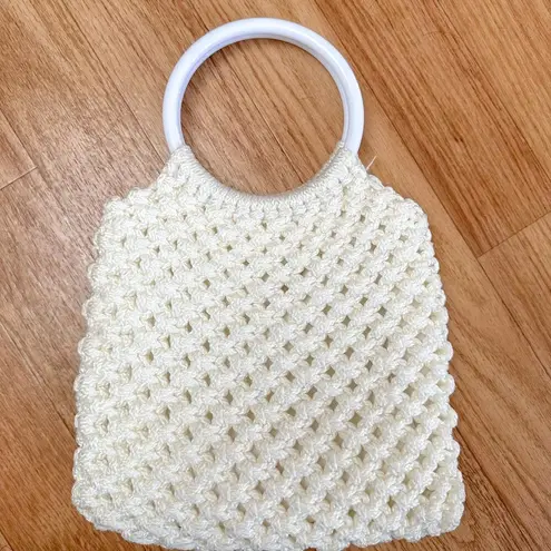 Handmade Vintage Crochet Handbag White with Circle Acrylic Handle Boho Purse