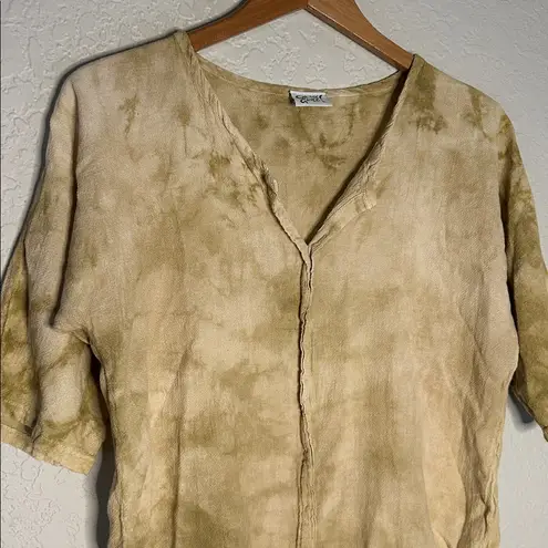 Oh My Gauze! Tie Dye Top Size 1 Lagenlook Casual Notch V Neck Tan Olive Size M
