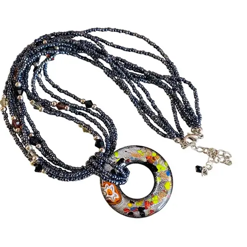 Beaded Necklace Multistrand Center Glass Focal Donut Bead Multicolor Adjustable