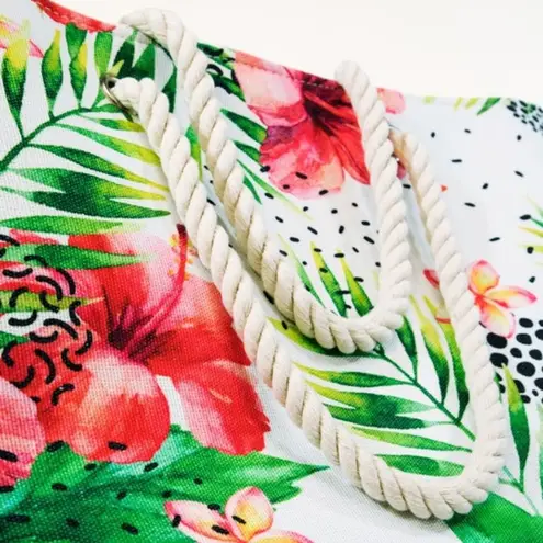 GREEN RED MULTI ABSTRACT & TROPICAL LEAF WITH FLOWER PRINT TOTE BAG