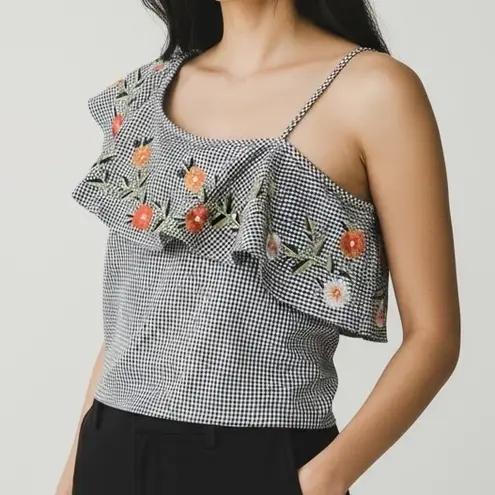 Gingham One Shoulder Top Embroidered Floral Ruffle Black White Summer Large