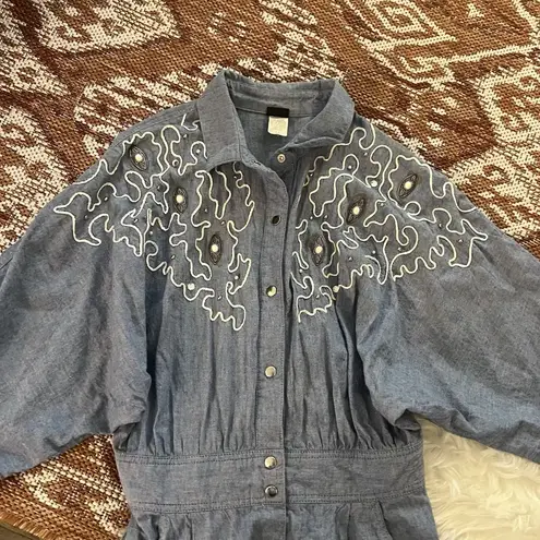 Vintage Chambray Squiggle Embellished Coverall Jumpsuit Blue Size 12
