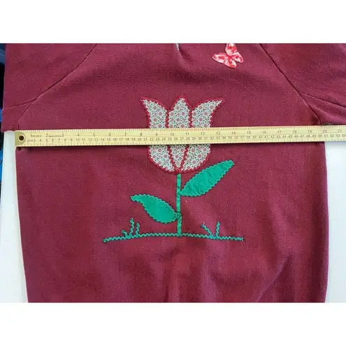 VTG Healthknit Flowers Floral Collar Grandma Burgundy‎ Sweatshirt Womens L Red Size L