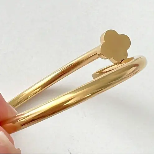 18K Gold Plated Zircon Nail Bangle Set Stainless Steel Flower Bracelet Womens