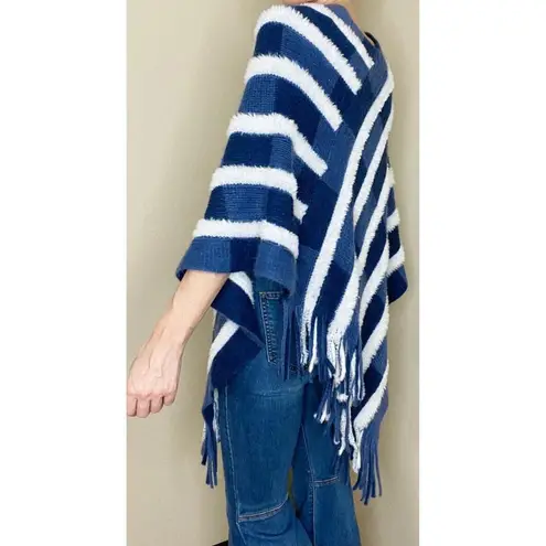 Blue & White Plaid Striped Fringe Bohemian Fuzzy Shawl Poncho