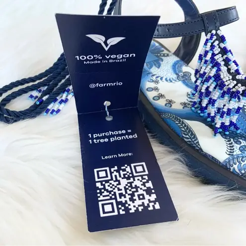 Farm Rio Blue Beaded Flat Lace Up Sandals White Vacation Size 6 NEW WITHOUT BOX