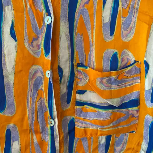 FRNCH Paris Orange Blue Short Sleeve Button Down Shirt Women's size Medium