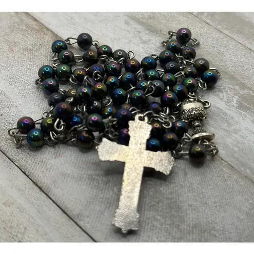 Vintage Black Iridescent Glass Bead Rosary, Catholic Prayer Beads, Crucifix