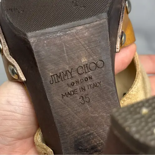 Jimmy Choo Chunky Platform Block Heel Studded O Ring Suede Leather Sandal Heels