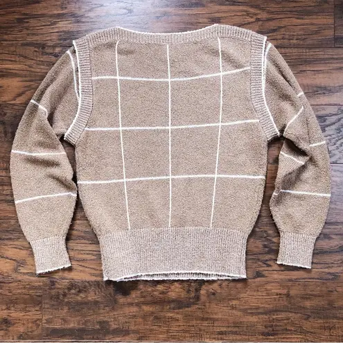 vintage • 1980s pullover sweater grid pattern boucle knit tan white plaid