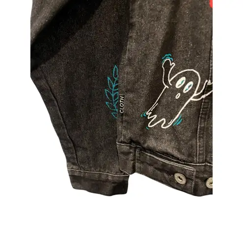 Brooklyn Cloth Graphic Design Black Denim Jacket Size Medium Casual Jean Trippy