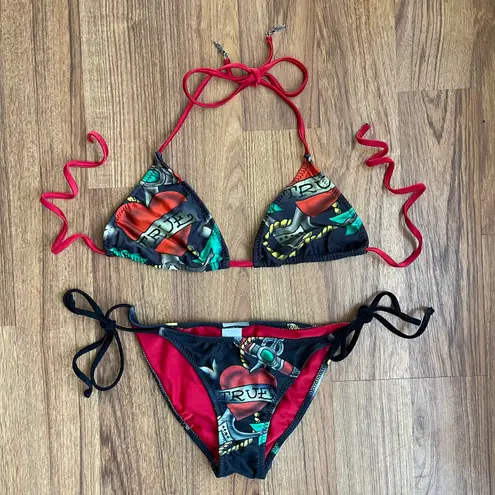 Ed Hardy Vintage Y2K Rare Red Black True Love String Triangle Edgy Bikini Set