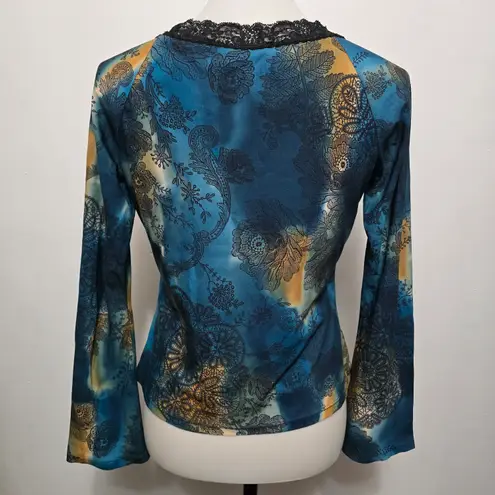 Vintage Educe 90s Teal Baroque Floral Lace Trim Mesh Top Medium Rave Club Moody Blue