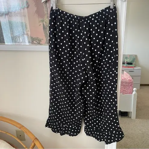 Flax 100% Linen Bedskirt Ruffle Hem Polka Dot Cropped Wide Leg Pants in Small