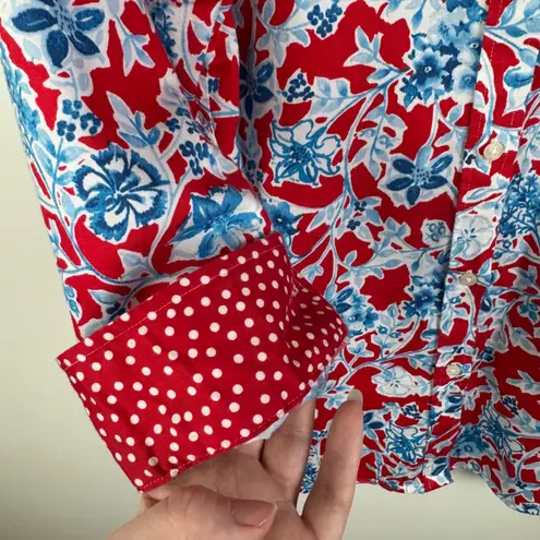 CHAPS Floral Button Down Shirt Large Red White Blue No Iron Cotton Patriotic