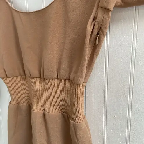 ZARA  Square Neck Ribbed Knit Waist Detail Bodycon Midi Dress in Nude Size S