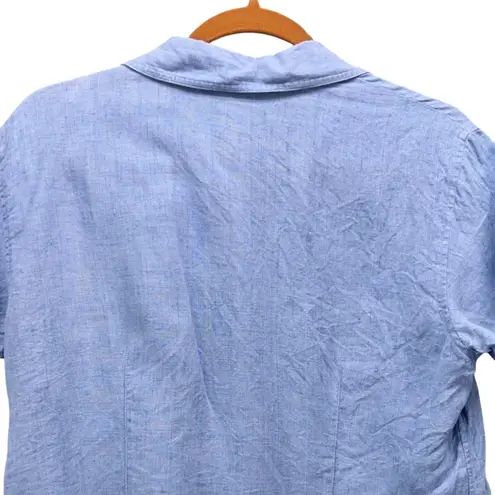 Kate Hill Womens Button Up Blouse Size Large Linen Short Sleeve Blue Blouse